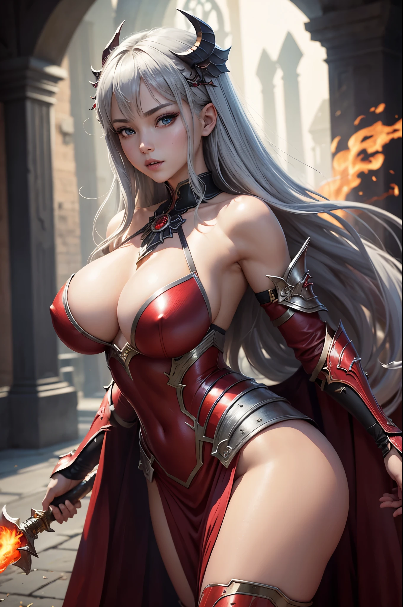 8K、赤いFlame-themed chest armor,A bewitching succubus in gorgeous red armor.,so beautiful(Like the real thing)、A long skirt with a luxurious red flame motif.,An Al-Afed woman poses for a photo with a sword and armour、Beautiful wavy silver hair、Big and ample breasts、Flame-themed chest armor(red and silver)2。5d cgi anime Fantasy artwork、Fan Art Mayor Art Station、デジタルFantasy art)、Big blow Loss Draw、Woman in armor、壮大なFantasy artスタイル、Beautiful Succubus、Charm、Beautiful fangs、Looking at the audience、Captivating Gaze、Laughter、masterpiece,masterpiece,Photorealistic RAW photos of the highest quality。Bright colors,Rich colors, Backlight, Cinema Lighting, Film Grain, to be born, 50mm lens, Nikon D850,Realistic Skin,Fantasy art,Character Art,Ultra-high resolution,Realistic scale skins,Goddess of Evil,Muscular Beauty,Extremely stiff abs,