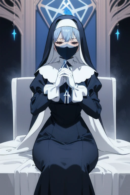 Mature women, nun, blue nun outfit, puffy sleeves, blue cape ,blue long skirt, white gloves, long deep black veil, vail cover her face,(look at viewer) ,no face detail, vail covered face, (perfect skin),(no emotion), anime, sitting, sexy pose,