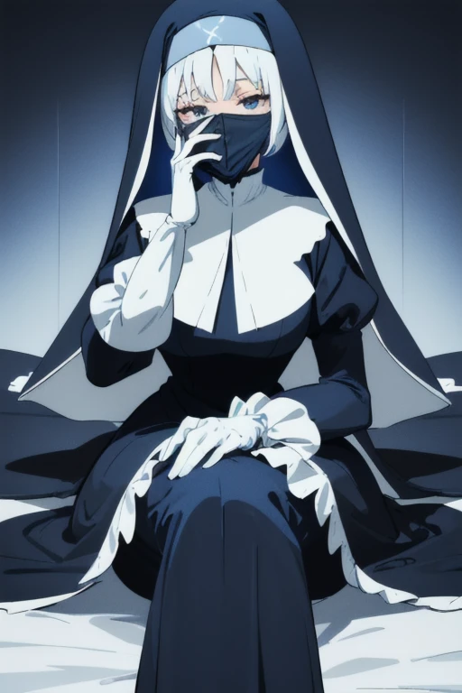 Mature women, nun, blue nun outfit, puffy sleeves, blue cape ,blue long skirt, white gloves, long deep black veil, vail cover her face,(look at viewer) ,no face detail, vail covered face, (perfect skin),(no emotion), anime, sitting, sexy pose,