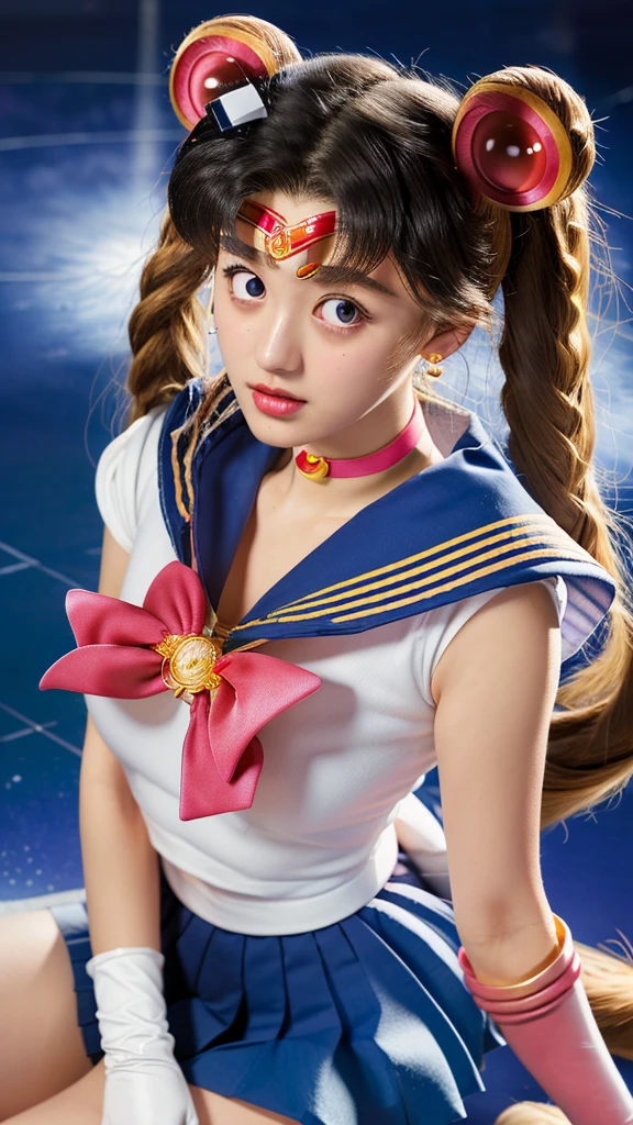 masterpiece, best quality, detailed, ((official style)), (((sailor moon, tsukino usagi, solo))), /Sailor Moon/, double bun, twintails, parted bangs, hair ornament, crescent facial mark, jewelry, earrings, choker, puffy short sleeves, pink sleeves, BREAK, heart brooch, white gloves, elbow gloves, blue pleated skirt.
