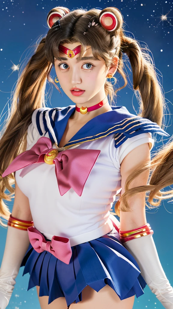 masterpiece, best quality, detailed, ((official style)), (((sailor moon, tsukino usagi, solo))), /Sailor Moon/, double bun, twintails, parted bangs, hair ornament, crescent facial mark, jewelry, earrings, choker, puffy short sleeves, pink sleeves, BREAK, heart brooch, white gloves, elbow gloves, blue pleated skirt.