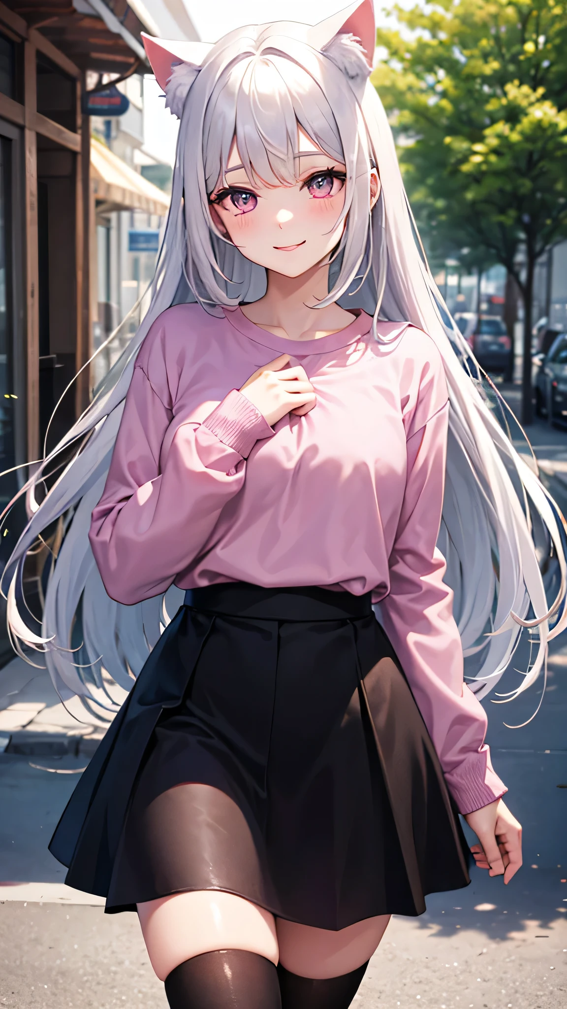 Center of chest,pretty girl,smile,Cat ear,Beautiful silver hair,Pink inside,Beautiful pink eyes,Oversized shirt、skirt、black tights