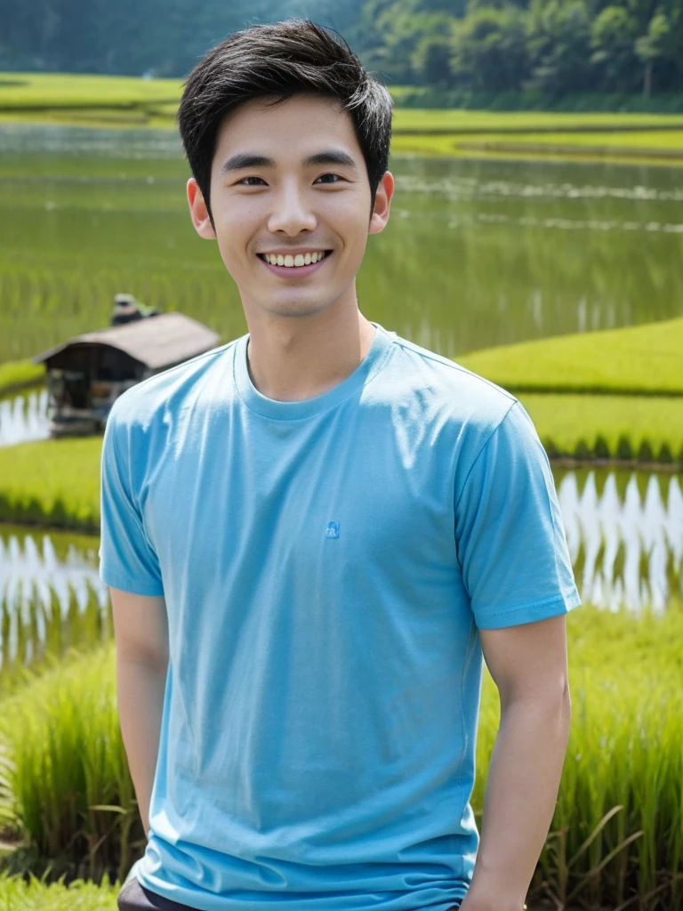 Korean man, Inspiration from Peng Yuyan, 30 years old, 236 years old, Cute Korean Face, 35 yo, 33 year old Korean muscular man,Rice fields are behind. blue t-shirt, open mouth smile
