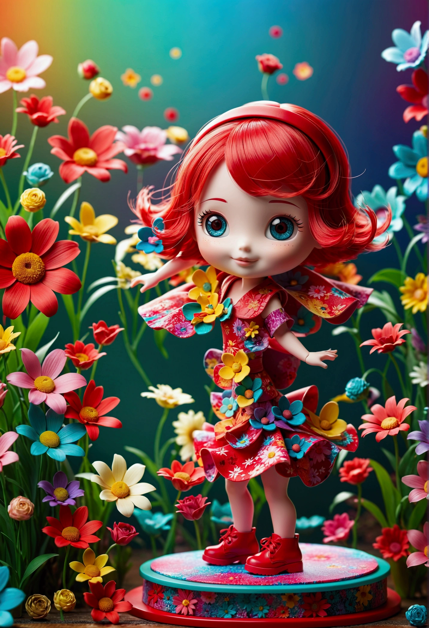 Extremely detailed,(Fractal Art:1.1),(Colorful:1.1)(Flowers:1.3)、 (Dynamic Pose), (Abstract background:1.3)、(Many colors:1.4)、Place one small doll on a circular stand、kawaii pose、A smile、A red-haired、Chibi Doll、Stars in the eyes(kirakira, Eye Up、Laugh、Cute red shoes、Ultra Detail, radiant light、bio luminescent、Stronger bokeh effect、Taken from the side