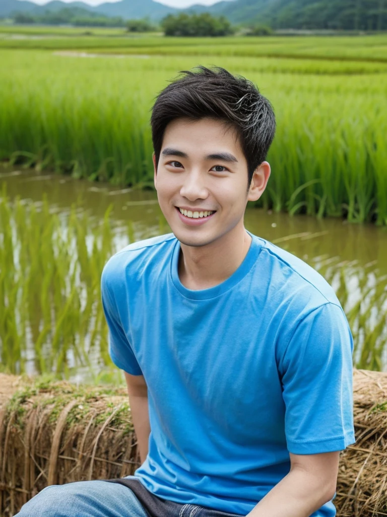 Korean man, Inspiration from Peng Yuyan, 30 years old, 236 years old, Cute Korean Face, 35 yo, 33 year old Korean muscular man，Rice fields are behind. blue t-shirt, open mouth smile