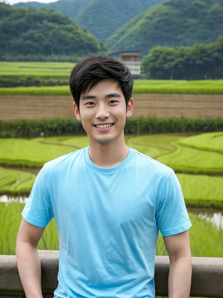 Korean man, Inspiration from Peng Yuyan, 30 years old, 236 years old, Cute Korean Face, 35 yo, 33 year old Korean muscular man，Rice fields are behind. blue t-shirt, open mouth smile