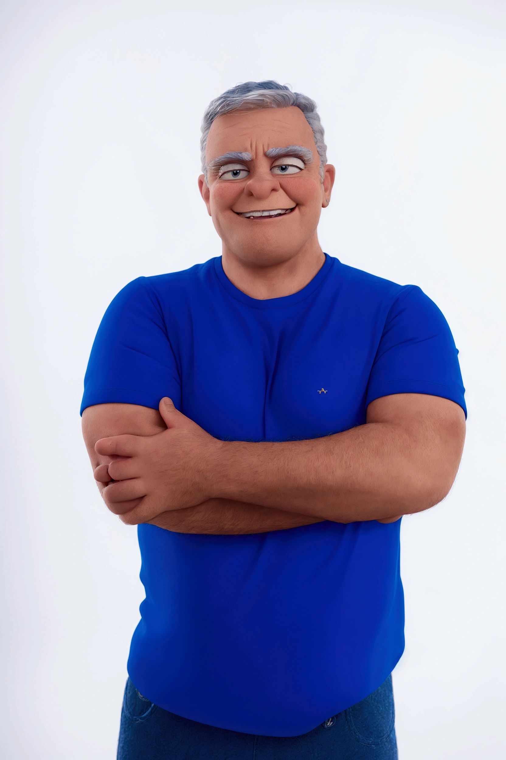 cartoon character, disney, pixar, cross arm, shirt blue. Grinning, White hair, high qualiy, with the left hand in front, happy face, eyes wide open, from sideways, round collar shirt, fine-detailed, cross arm com a mão pela frente, showing 5 fingers, very happy face, happy