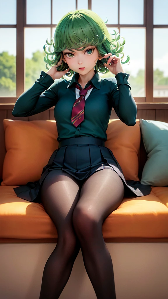 (masterpiece, Highest quality:1.2), alone, One girl, Tatsumaki, Uninteresting, Mouth closed, View your viewers, put your hand on your face, Sitting, Crossing your legs, Collared shirt, tie, skirt, pantyhose