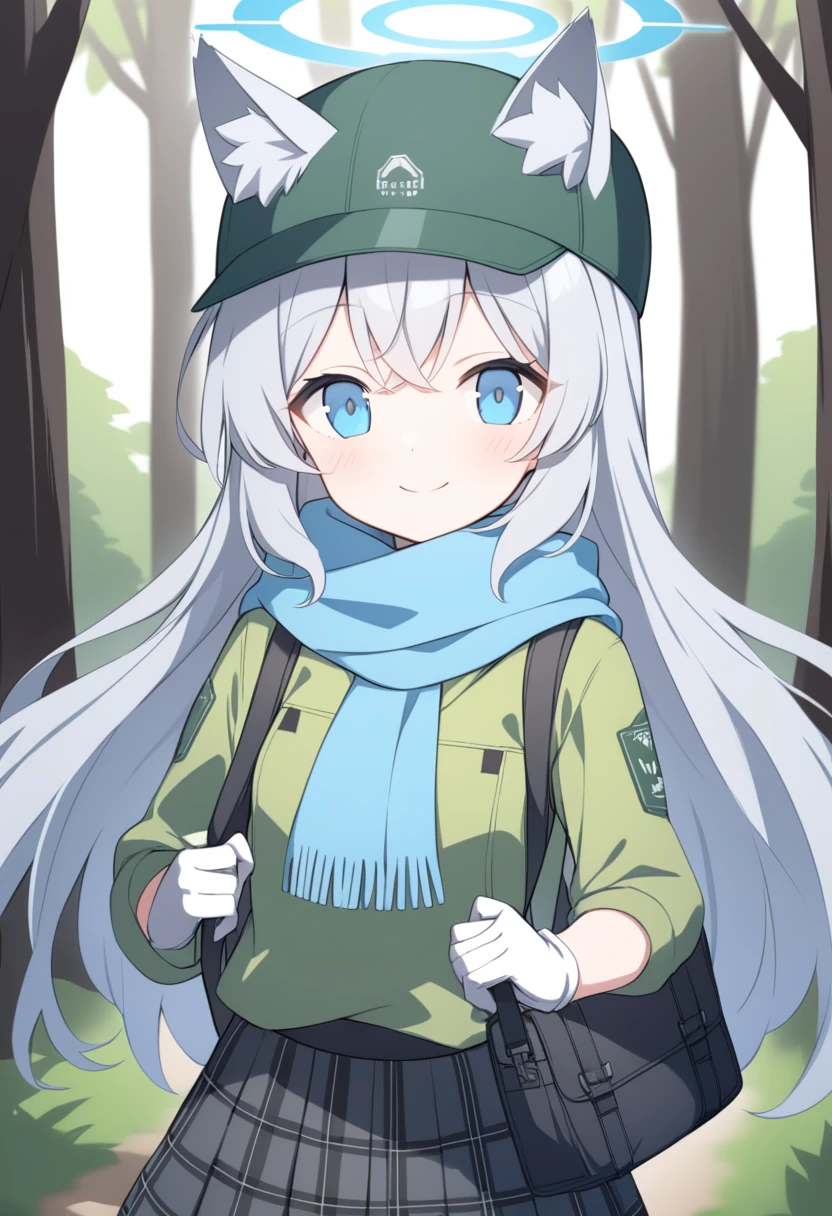 girl，Silver long hair, blue eyes, Wearing green mountaineering clothes,A sky blue scarf, White gloves, And black plaid skirt, Walking in the forest，Smile, blue halo，Green cap，Put on your hat，Gray wolf ears，Carrying a black shoulder bag