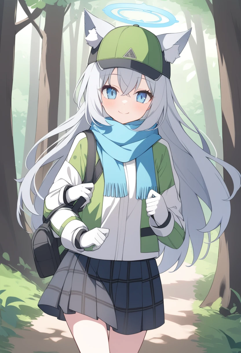 girl，Silver long hair, blue eyes, Wearing green mountaineering clothes,A sky blue scarf, White gloves, And black plaid skirt, Walking in the forest，Smile, blue halo，Green cap，Put on your hat，Gray wolf ears，Carrying a black shoulder bag