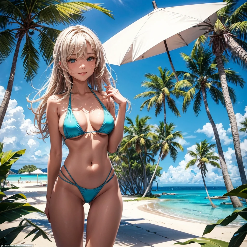 NSFW, sexy, erotic, A stunningly beautiful woman in a swimsuit, standing on a pristine beach. The woman has long, flowing hair, a radiant smile, and is wearing a fashionable bikini that accentuates her figure. The beach is idyllic, with soft white sand, crystal-clear turquoise waters, and gentle waves lapping at the shore. In the background, there are palm trees swaying in the breeze, and the sun is shining brightly in a clear blue sky. The overall scene is vibrant, lively, and exudes a sense of relaxation and enjoyment. --fine-details --hand-precision --high-fidelity --micro-textures --super-resolution