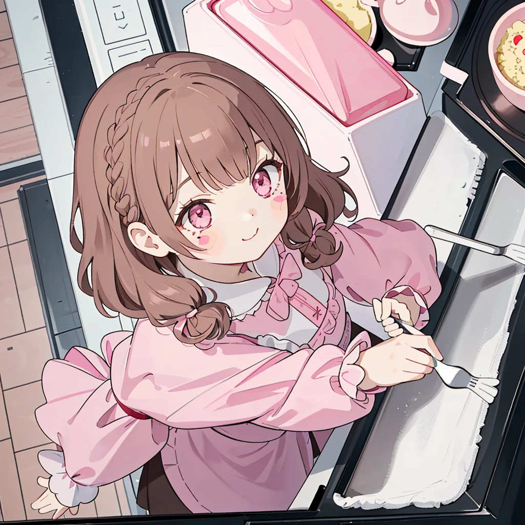 (highest quality), (Super detailed), (whole body: 1.2), 1 girl, Little, cute, smile,(Colorful and cute kitchen:1.3), pink and black and white gothic lolita clothes, blush, : 3,(banguri and, (light brown hair:1.3),(pink eyes:1.2),(braided long hair),(Fluffy curly hair), (brown eyelash stickers, Bangortiful detailed face), (Beautiful and detailed eyelid body,cuteポーズ,(cooking),(perspective from above:1.2),