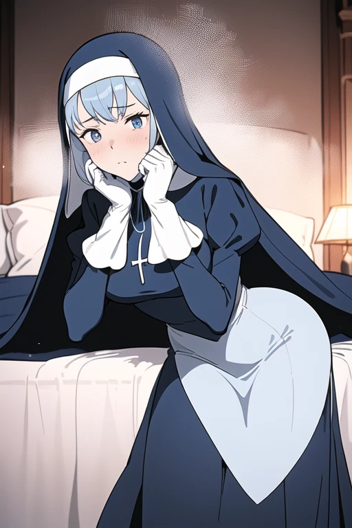 Mature women, nun, blue nun outfit, puffy sleeves, blue cape ,blue long skirt, white gloves, long deep black veil, vail cover her face,(look at viewer), vail covered face, (perfect skin),(no emotion ), anime, room, bedroom, sexy pose