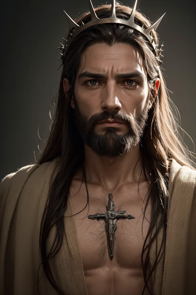 Develop an extremely realistic digital representation of Jesus Christ looking directly at the viewer, with a meticulously detailed crown of thorns on his head. The image must capture the serene and at the same time suffering expression of Jesus, highlighting every detail of facial features, hair and crown of thorns. Use 4K resolution to ensure maximum sharpness and depth in representation