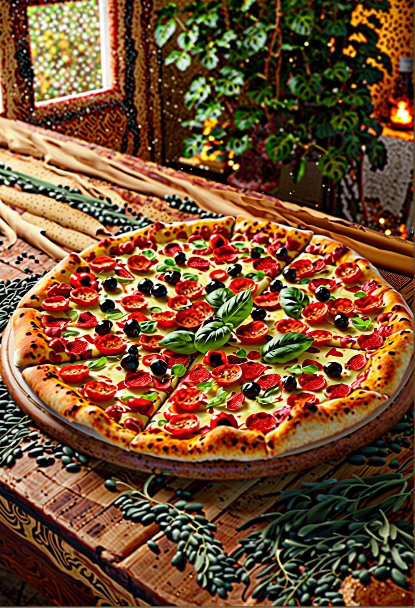 Create an ultra realistic image of a rectangular pizza measuring 70cm x 35cm, with flavor toppings divided into five columns of different flavors. Pizza is on a wooden table in a dining room. The room has indirect lighting with warm light, creating a warm and inviting atmosphere. The five different flavors on the pizza are clearly visible, with fresh and appetizing ingredients. Make sure the pizza texture and ingredient details are realistic. The wooden table should have a rustic appearance and the lighting should highlight the pizza as the main focus of the image.