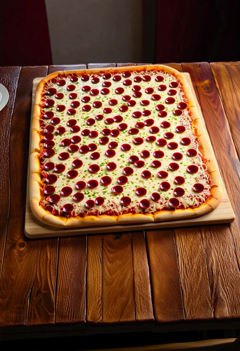 Create an ultra realistic image of a rectangular pizza measuring 70cm x 35cm, with flavor toppings divided into five columns of different flavors. Pizza is on a wooden table in a dining room. The room has indirect lighting with warm light, creating a warm and inviting atmosphere. The five different flavors on the pizza are clearly visible, with fresh and appetizing ingredients. Make sure the pizza texture and ingredient details are realistic. The wooden table should have a rustic appearance and the lighting should highlight the pizza as the main focus of the image.