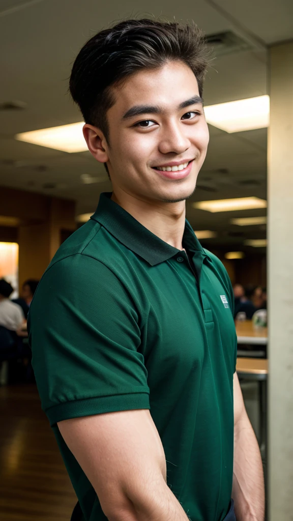 (best quality, 4K, 8K, high resolution, Masterpiece: 1.2), Special details, (realistically, As realistic as a photo, photo realistic: 1.37), Edge lighting, Extra detailed coloring, sharp focus, Physical rendering ,Extremely detailed description,professional,light color,Bokeh,Portrait,look at the viewer,
Young Asian man, 20 years old ,(Wear a dark green polo shirt.), smile