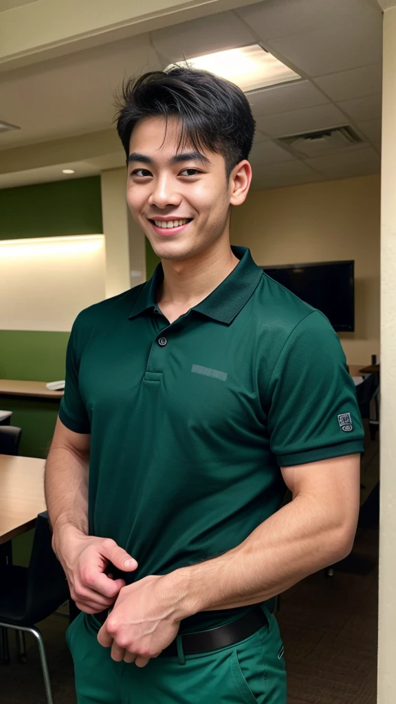 (best quality, 4K, 8k, high resolution, Masterpiece: 1.2), Special details, (realistically, As realistic as a photo, photo realistic: 1.37), Edge lighting, Extra detailed coloring, sharp focus, Physical rendering ,Extremely detailed description,professional,light color,Bokeh,Portrait,look at the viewer, Young Asian man, 20 years old ,(wearing a brown polo shirt), smile ,dining room