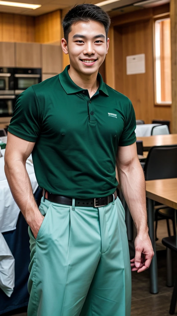(best quality, 4K, 8K, high resolution, Masterpiece: 1.2), Special details, (realistically, As realistic as a photo, photo realistic: 1.37), Edge lighting, Extra detailed coloring, sharp focus, Physical rendering ,Extremely detailed description,professional,light color,Bokeh,Portrait,look at the viewer,
Young Asian man, 20 years old ,(Wearing a green and black polo shirt), smile ,canteen