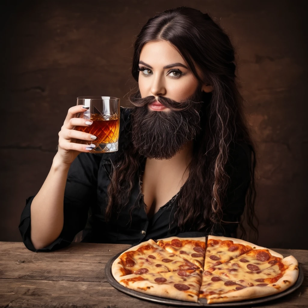 cowboy bearded woman with a glass of whiskey and a pizza