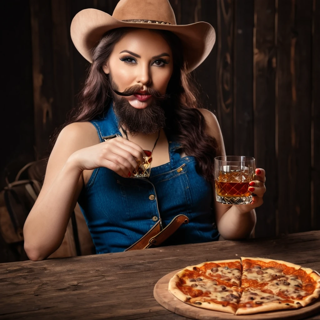 cowboy bearded woman with a glass of whiskey and a pizza