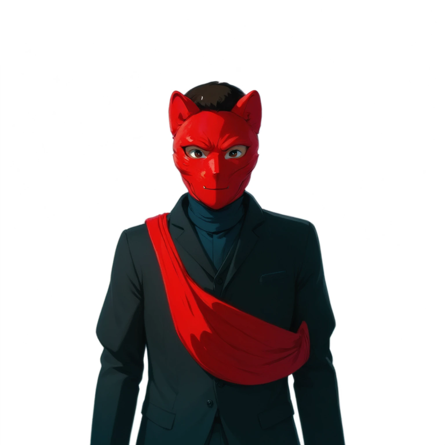 Close-up of a person wearing a red mask and black suit., portrait of Bojack Horseman, There was a red cloth wrapped around his shoulders., The unsub was wearing a red oni mask., A unique, human-like work of art, He was wearing a red scarf., Bojack Horseman, He's wearing a redneck shirt.