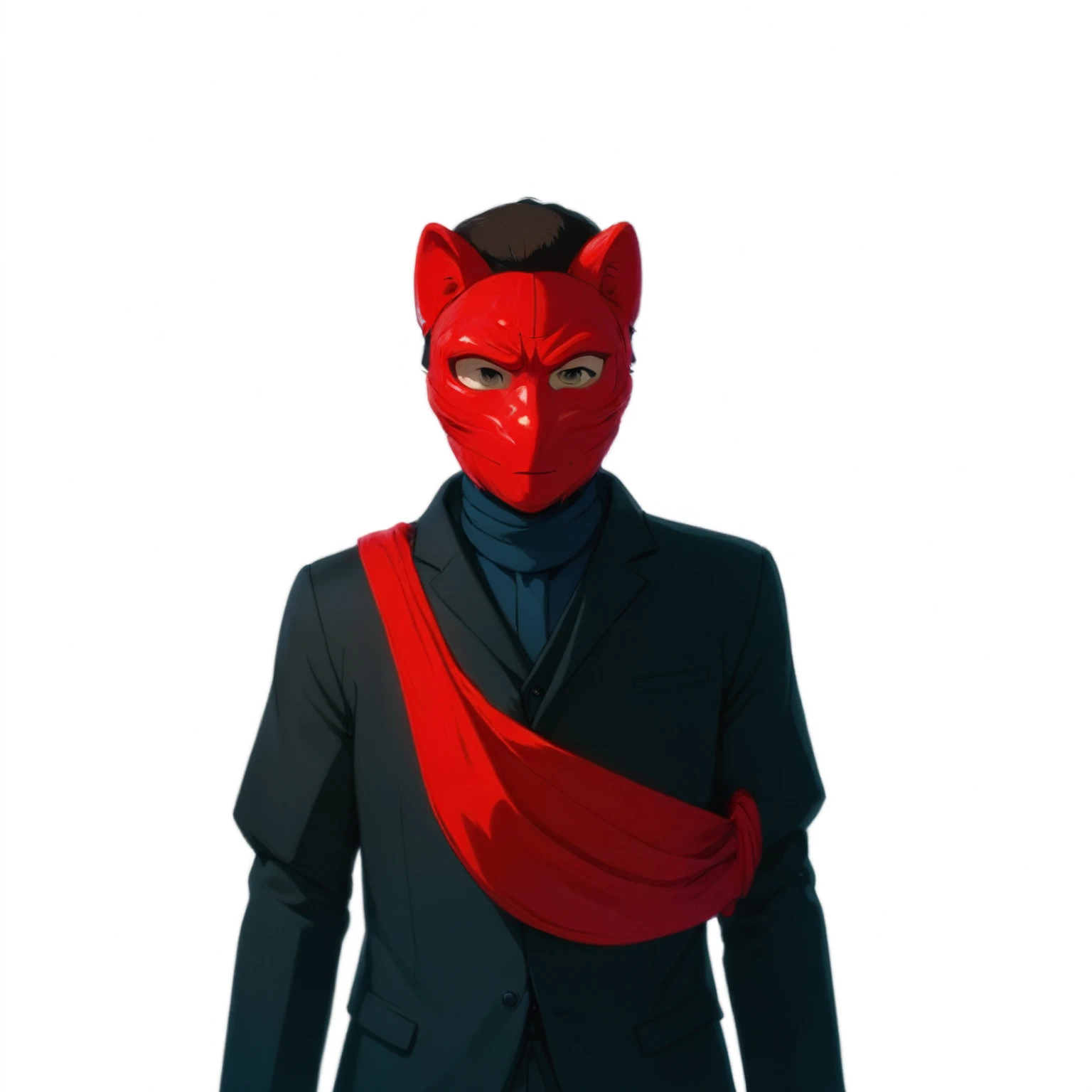 Close-up of a person wearing a red mask and black suit., portrait of Bojack Horseman, There was a red cloth wrapped around his shoulders., The unsub was wearing a red oni mask., A unique, human-like work of art, He was wearing a red scarf., Bojack Horseman, He's wearing a redneck shirt.