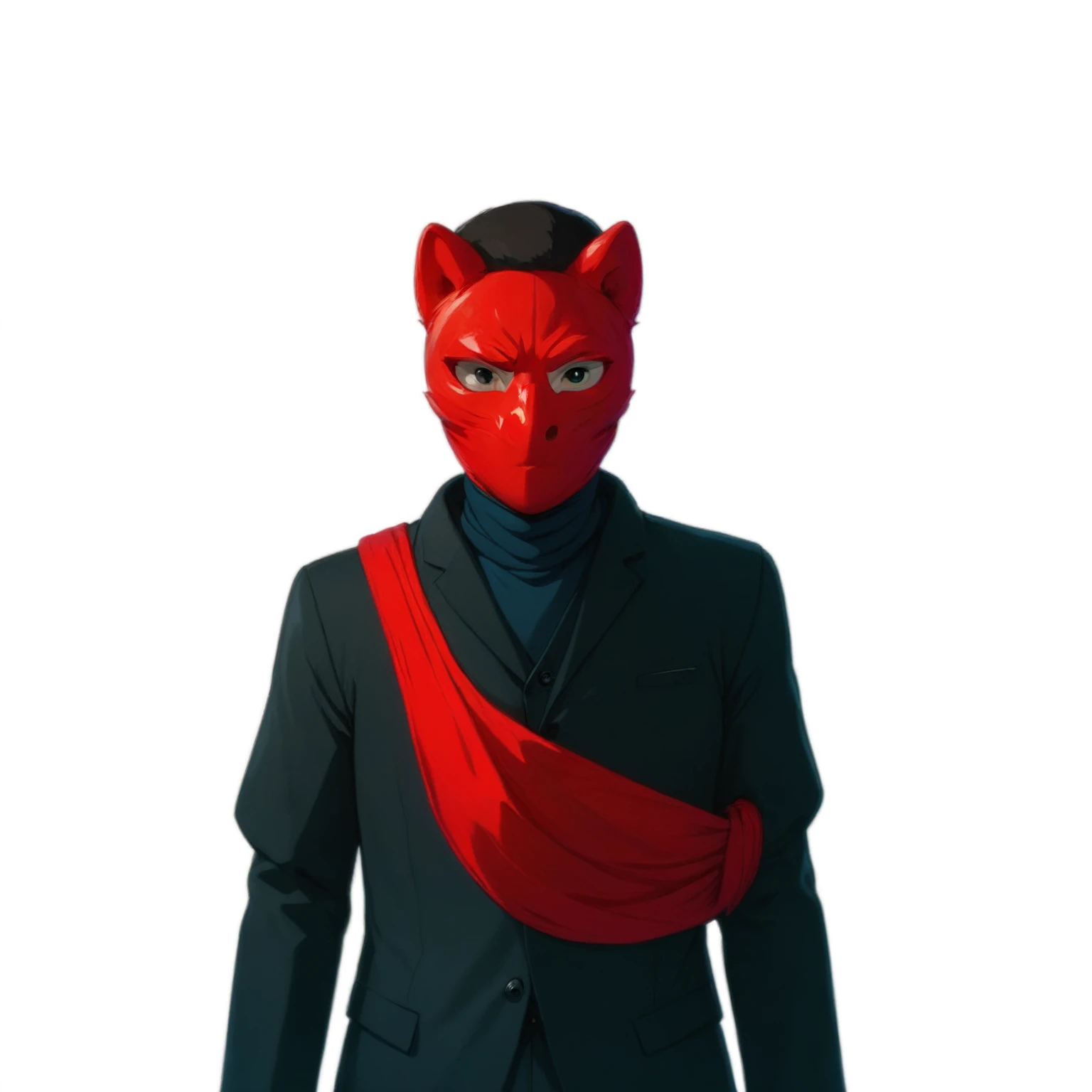Close-up of a person wearing a red mask and black suit., portrait of Bojack Horseman, There was a red cloth wrapped around his shoulders., The unsub was wearing a red oni mask., A unique, human-like work of art, He was wearing a red scarf., Bojack Horseman, He's wearing a redneck shirt.