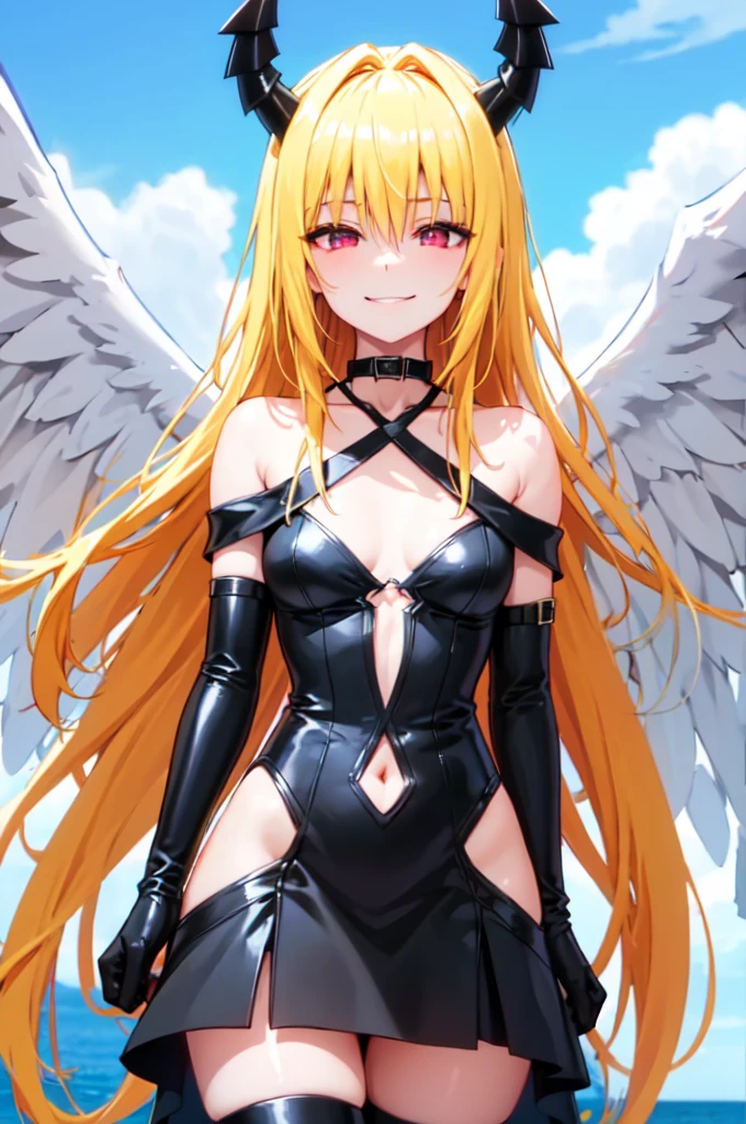 (masterpiece:1.6, best quality), (finely detailed beautiful eyes: 1.2), phyami, yamidarkness, 1girl, solo, blonde hair, wings, long hair, horns, red eyes, black wings, bare shoulders, hair intakes, collarbone, choker, demon horns, halterneck, feathered wings, collar, anime coloring, hair between eyes, criss-cross halter, black dress, demon girl, bangs, very long hair, light smile, 
laugh at,too evil smile,too evil smirk,looking down at viewer,upper body,smile bad,deep shaded face,evil fall,latex elbow gloves,latex thighhigh boots,
