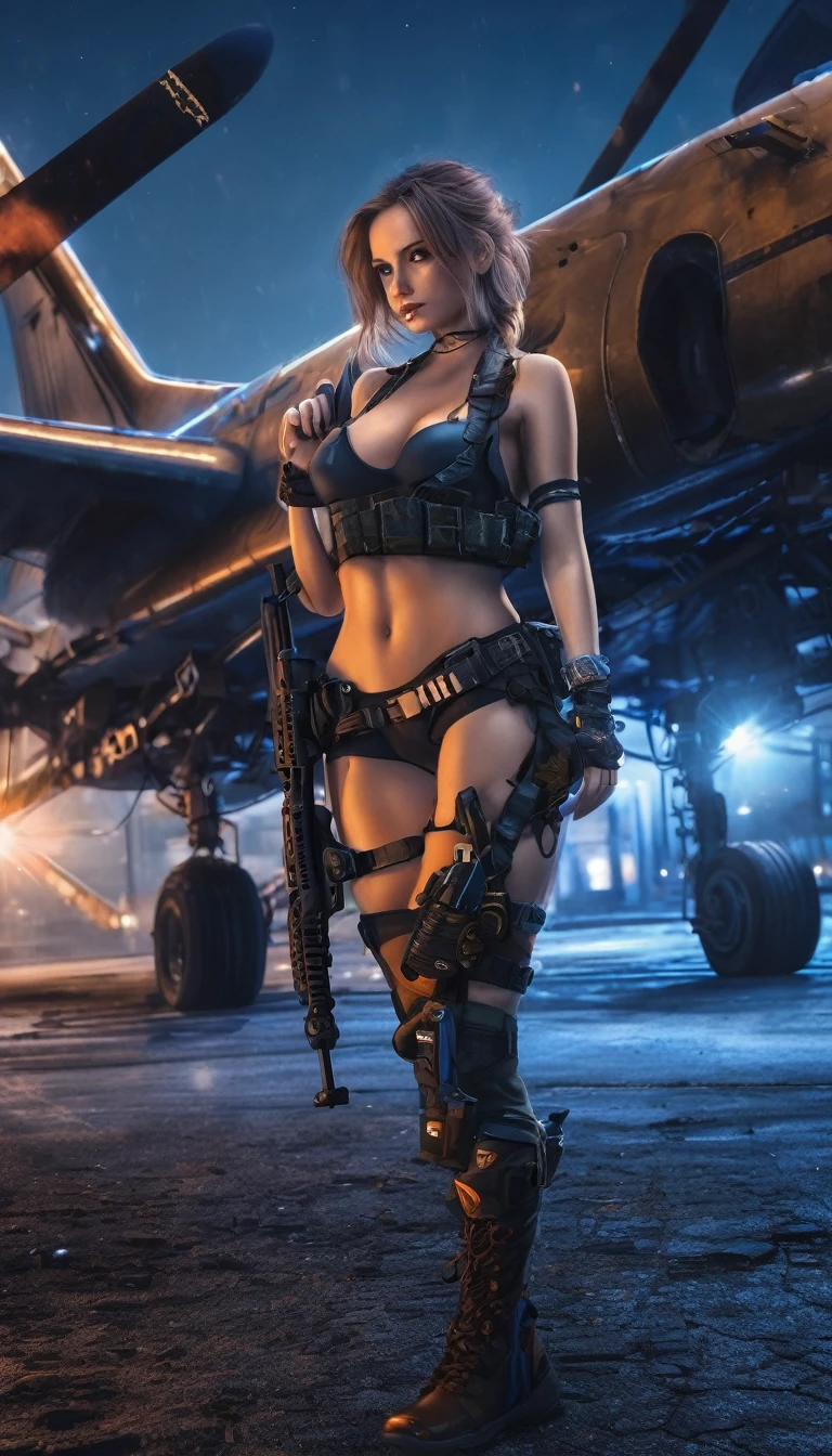 hot girl, czech girl, big breast, chainned nipples, war, between building, night view ultra hd, ultra detail, full body, collapse building, alien plane, body detail, ultra hd, blue eyes, leaves, fire, ak47