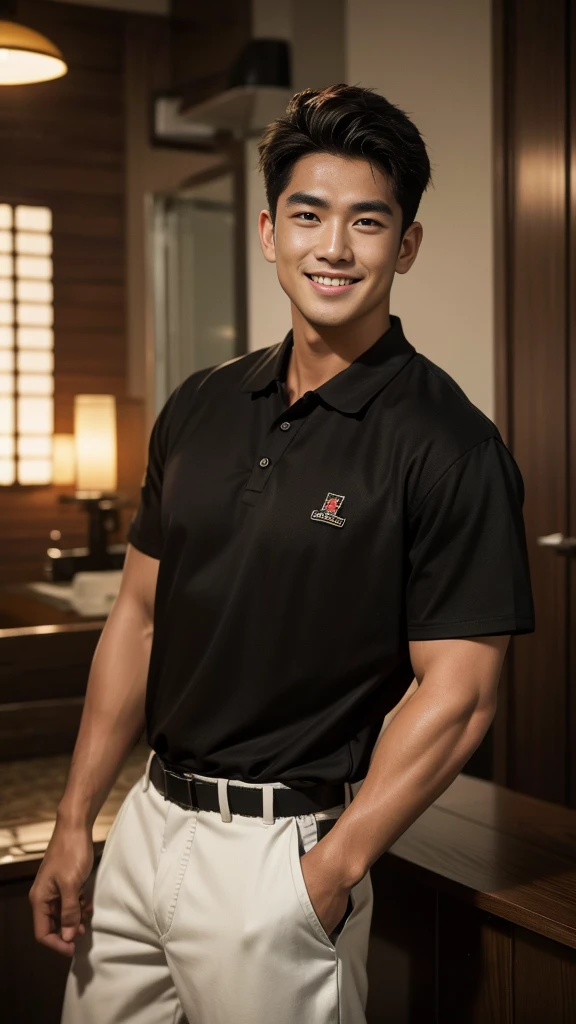 Thai man, short hairstyle, buzz cut, handsome, muscular, big muscles, wide shoulders, male model wearing a black polo shirt and jeans, standing and smiling.