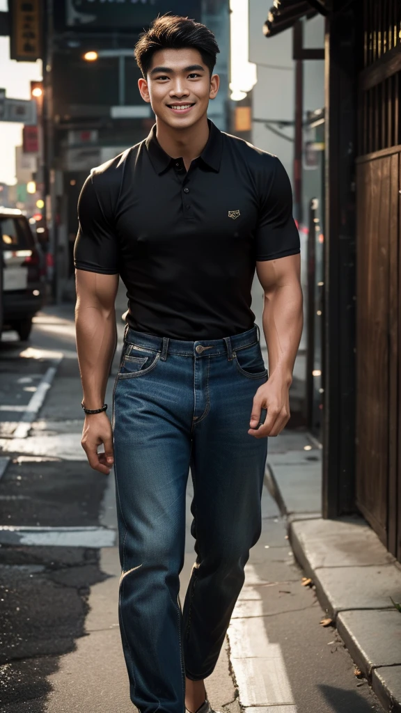 Thai man, short hairstyle, buzz cut, handsome, muscular, big muscles, wide shoulders, male model wearing a black polo shirt and jeans, standing and smiling.