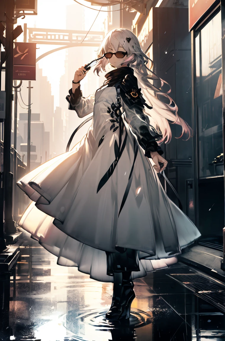 A masterpiece,sunglasses，best quality, Illustration style，Large aperture portrait， Anime Girl, beautiful eyes, summer, Wide leg pants, small, Heartwarming, Youthful and beautiful,,Regular Clothes，Black and white,, showing a natural casual style. Dynamic posture contains the golden ratio, China, White space, Strong contrast between light and shadow, Super texture, Super clear and concise pictures, presenting extremely beautiful, Elegant temperament, subtle facial expressions, City background, rain, Road area water reflection，one person