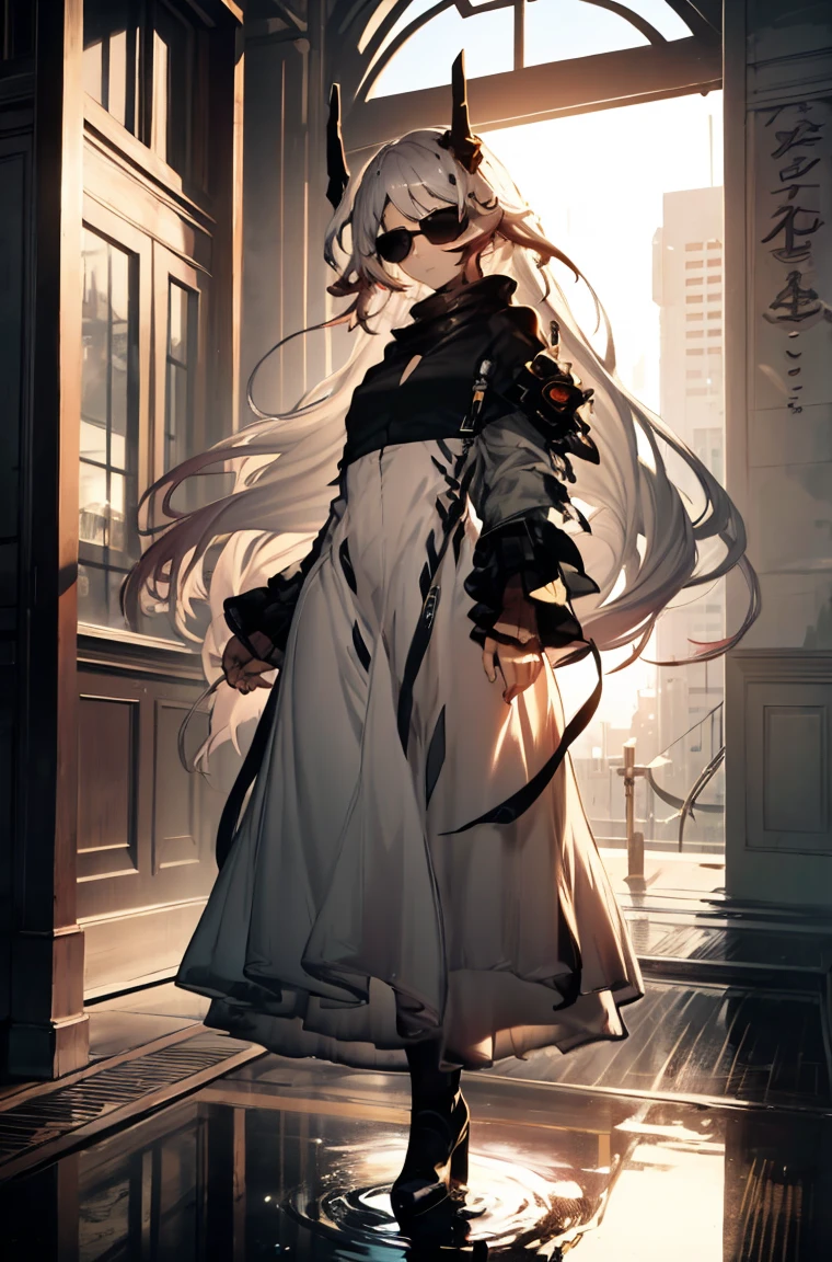 A masterpiece,sunglasses,best quality, Illustration style,Large aperture portrait, Anime Girl, beautiful eyes, summer, Wide leg pants, small, Heartwarming, Youthful and beautiful,,Regular Clothes,Black and white,, showing a natural casual style. Dynamic posture contains the golden ratio, China, White space, Strong contrast between light and shadow, Super texture, Super clear and concise pictures, presenting extremely beautiful, Elegant temperament, subtle facial expressions, City background, rain, Road area water reflection,one person