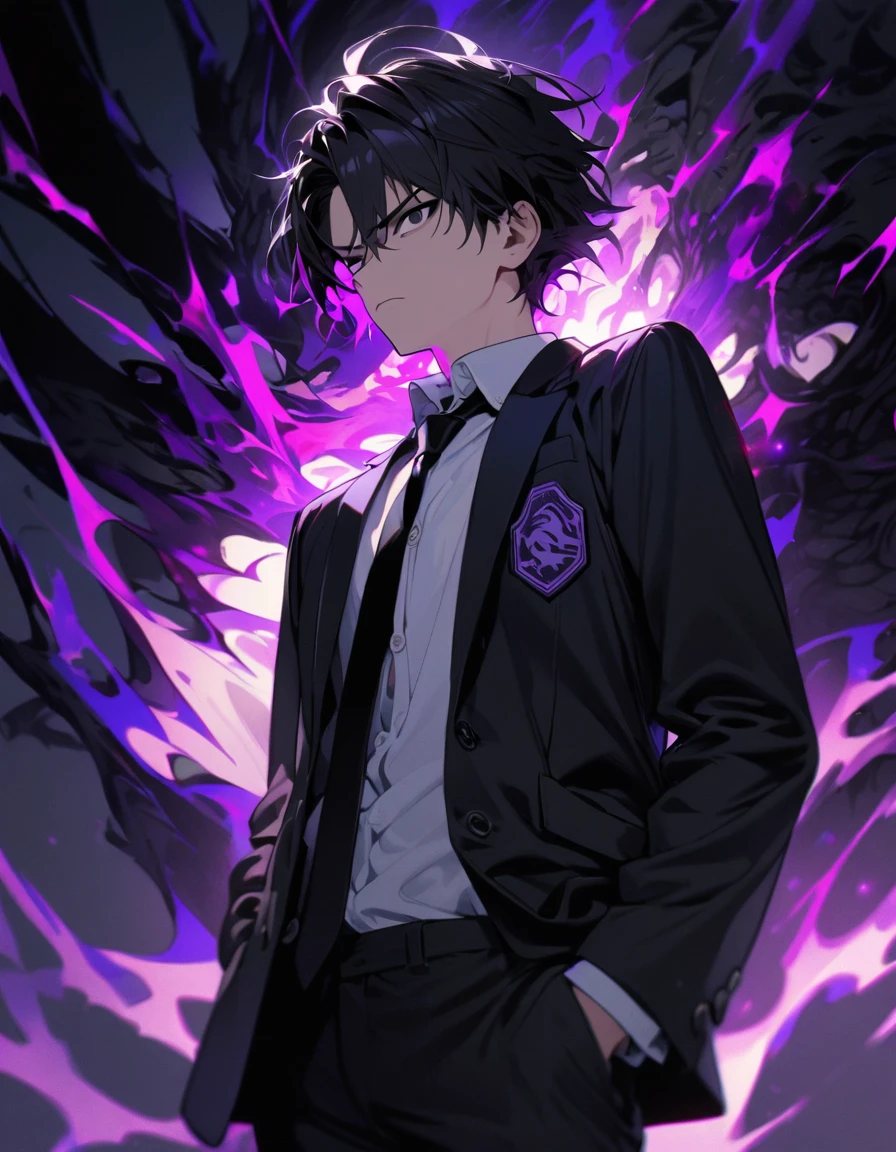 "1boy, 20 year old Boy with black hair , white iris ,complete black eyes,dark purple energy coming right eye. Short black school unbuttoned blazer with school logo,white shirt,black tie with logo,black pants,and sneakers,dark aura , serious expression,hands in the pocket,black dragon spirit, portrait 1:2, visible side profile,highly detailed"