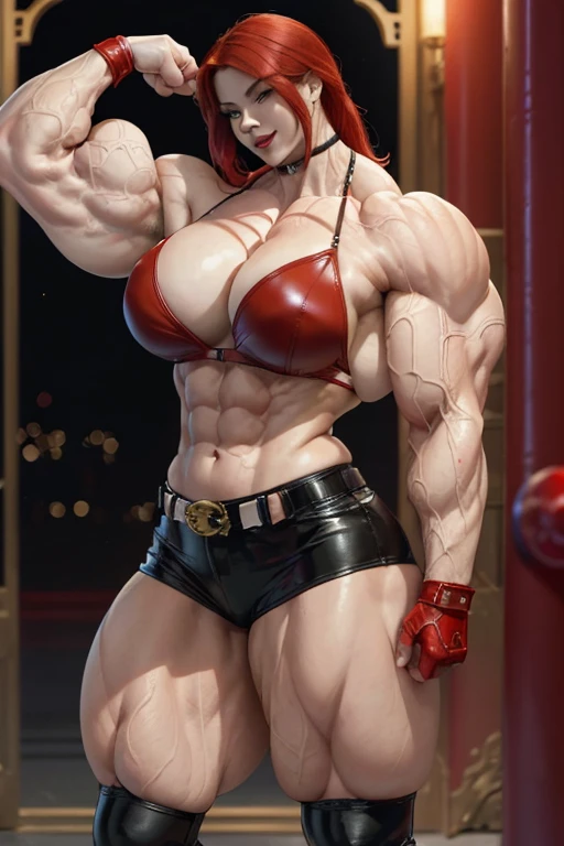 ((((Massive tall, beautiful, buff, pale whit skinned muscular asian woman with red hair, black lipstick, ginormous bulky muscles, flexing and wearing a red leather bra and leather pants)))), (close view), (massive muscles), long hair, ((red leather bra)), yellow eyes, choker, (gauntlets), ((red leather pants with a belt)), red boots, (in a beautiful city), (closed smile), night, (massive muscles)