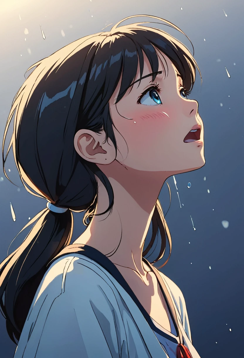 Anime style:1 girl looking up and crying，Profile，Raise your neck