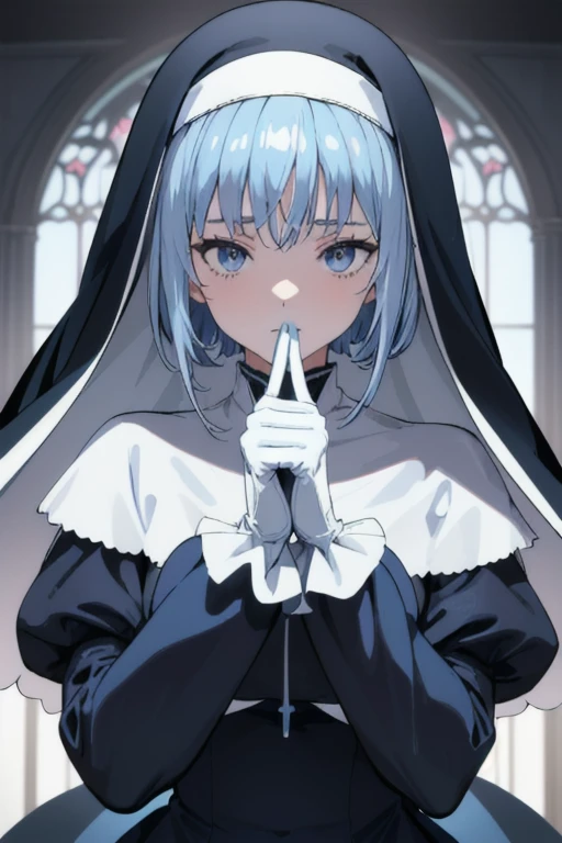 Mature women, nun, blue nun outfit, puffy sleeves, blue cape ,blue long skirt, white gloves, long deep black veil, vail cover her face,(look at viewer), vail covered face, (perfect skin),(no emotion ), anime, room, bedroom, sexy pose