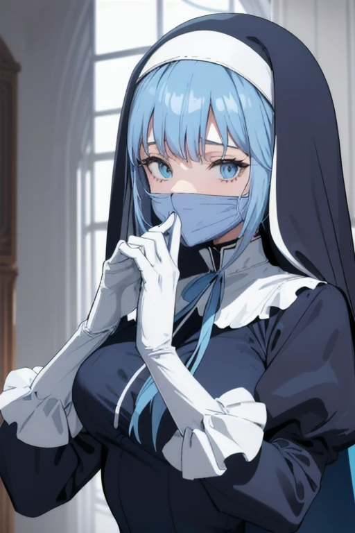 Mature women, nun, blue nun outfit, puffy sleeves, blue cape ,blue long skirt, white gloves, long deep black veil, vail cover her face,(look at viewer), vail covered face, (perfect skin),(no emotion ), anime, room, bedroom, sexy pose