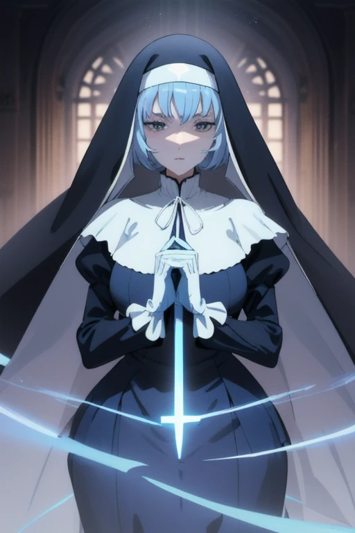 Mature women, nun, blue nun outfit, puffy sleeves, blue cape ,blue long skirt, white gloves, long deep black veil, vail cover her face,(look at viewer), vail covered face, (perfect skin),(no emotion ), anime, room, bedroom, sexy pose