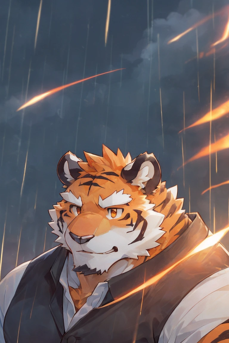 human nature, Wildlife, male,36 years old,Uncle, solitary, ((Round Face, The face is plump,Orange eyes,Thick orange hair,With scars)), ((Endomorph, Handsome,Hot Blood)), (Mecha suit,No electricity,exhaustion), ((domestic tiger, tiger,) Fluffy fur, Fluffy), Bokeh, (high quality, high resolution, masterpiece), (Dynamic Lighting, Vibrant colors), (Revitalize,harm,Disdain), Full body picture (close up), cartoon, author:Takemoto Arashi, From zixiong, By Chunni, author:Empty Ghost,(background:Rainy forest)