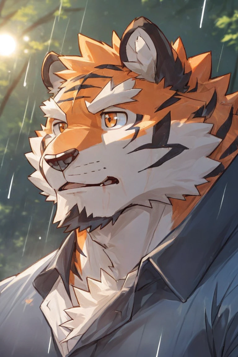 human nature, Wildlife, male,36 years old,Uncle, solitary, ((Round Face, The face is plump,Orange eyes,Thick orange hair,With scars)), ((Endomorph, Handsome,Hot Blood)), (Mecha suit,No electricity,exhaustion), ((domestic tiger, tiger,) Fluffy fur, Fluffy), Bokeh, (high quality, high resolution, masterpiece), (Dynamic Lighting, Vibrant colors), (Revitalize,harm,Disdain), Full body picture (close up), cartoon, author:Takemoto Arashi, From zixiong, By Chunni, author:Empty Ghost,(background:Rainy forest)