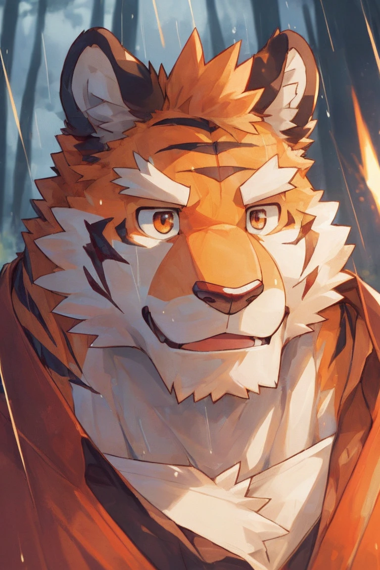 human nature, Wildlife, male,36 years old,Uncle, solitary, ((Round Face, The face is plump,Orange eyes,Thick orange hair,With scars)), ((Endomorph, Handsome,Hot Blood)), (Mecha suit,No electricity,exhaustion), ((domestic tiger, tiger,) Fluffy fur, Fluffy), Bokeh, (high quality, high resolution, masterpiece), (Dynamic Lighting, Vibrant colors), (Revitalize,harm,Disdain), Full body picture (close up), cartoon, author:Takemoto Arashi, From zixiong, By Chunni, author:Empty Ghost,(background:Rainy forest)
