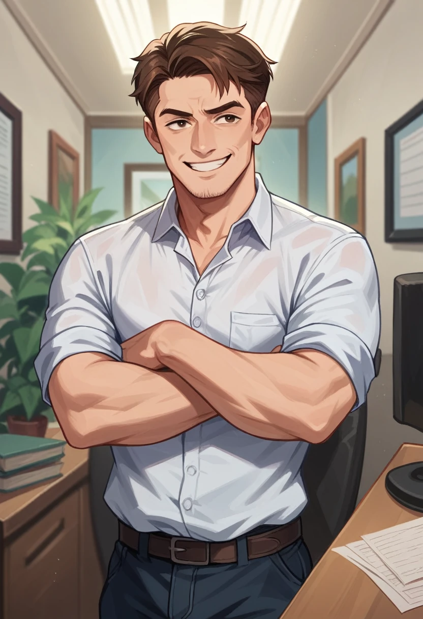 realistic photograph of a man in his office, crossed arms, brown hair, light smile, smile, high details, high quality, accurate, anatomically correct
