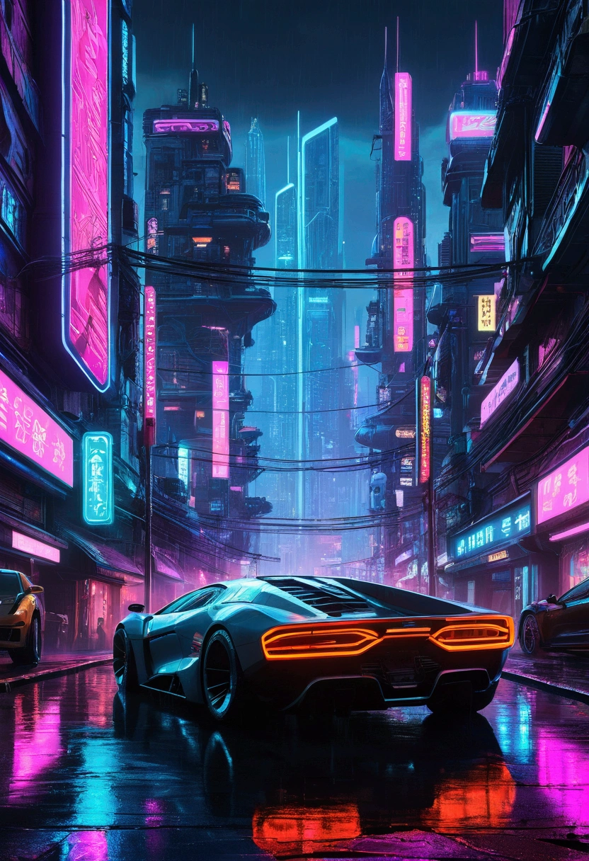 Futuristic city with neon lights, a supercar slightly above the center, in the foreground position of car is right in the middle horizontally but slightly higher vertically, cyberpunk art inspired by Syd Mead, CG society contest winner, retrofuturism, cyberpunk garage on Jupiter, neon city in the background, cyberpunk with neon lighting, in a cyberpunk city, in a futuristic cyberpunk city, detailed neon cyberpunk city, cyberpunk city, cyberpunk cityscape, hyper-realistic cyberpunk city, neon rainy cyberpunk setting