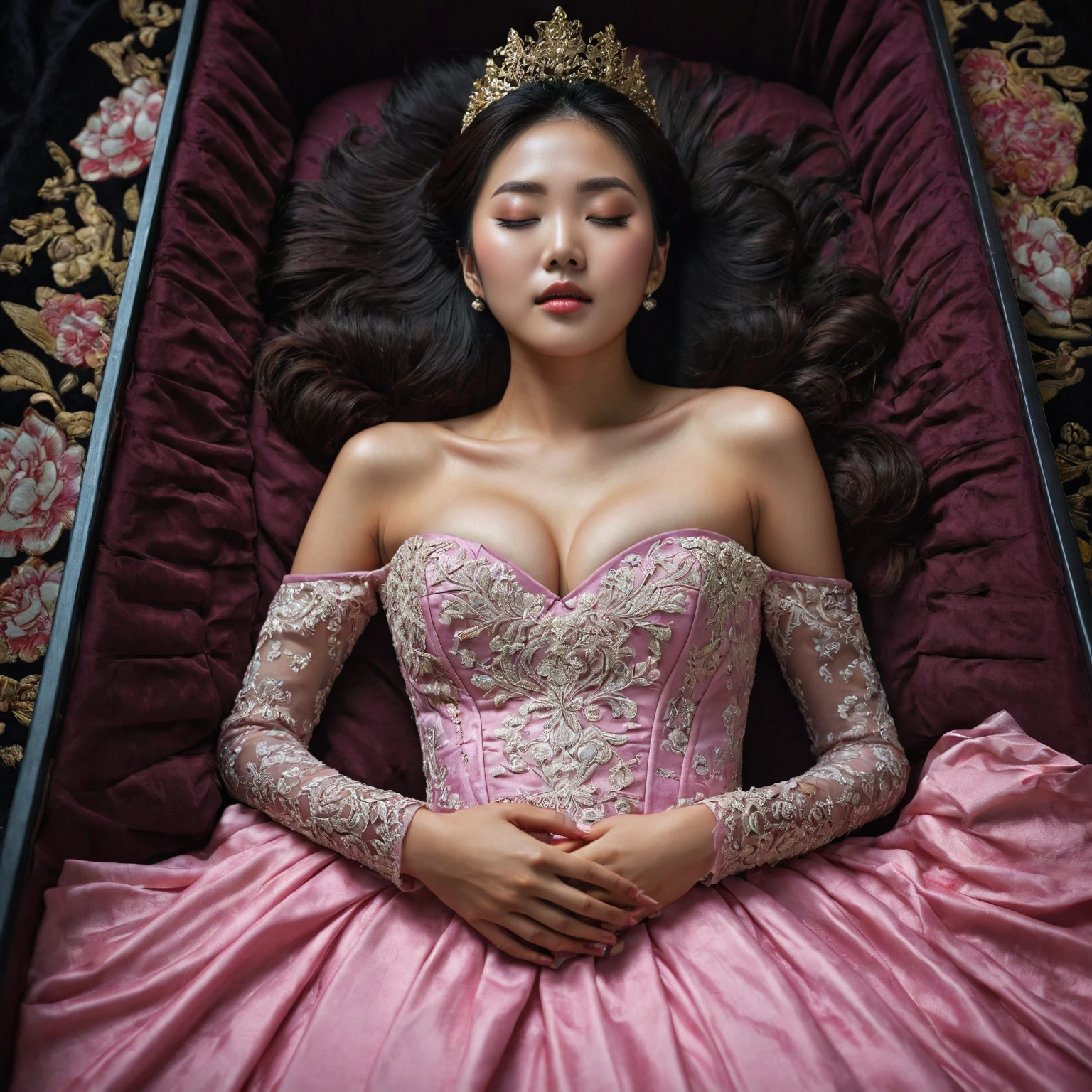 In a striking 8K HDR scene, a stunning Korean woman, 22 years old, lies peacefully in a black coffin surrounded by plush pillows. The deep box is set against a rich black background, accentuating the beauty of the subject. Her exquisite kebaya attire is embroidered with superb detail, showcasing her round and firm breasts, perfect cleavage, and beautiful eyebrows. Her closed eyes and mouth give an air of serenity, while her visible and absolute cleavage leave nothing to imagination. The scene is bathed in saturated colors, highlighting every intricate aspect from the ball skirt to her clean face, straight body, detailed hand perfect hands, straight body, own hands together, own hand on stomach, detailed hands, perfect hands.