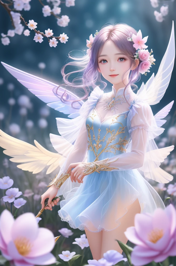 1 hole,Beautiful Transparent Flower Fairy, Transparent colored wings, The wand vibrates in the wind、The wand glowed with starlight,Golden wand,beautiful blue sky and white clouds、Girls have transparent wings、smile gently、beautiful garden background、Smooth and transparent,anatomical correct, delicate pattern,Pink space, soft lighting, ( bokeh),work of art, super verbose, epic composition, highest quallity, 8K,Epic Romantic Fantasy Digital Art,Epic fairytale fantasy digital art,Mythological fantasy,UHD resolution,Detailed detailed drawing,realistically,very realistic,cinematic lighting,an award-winning photograph,rich colors,hyper-realistic lifelike texture,dramatic lighting