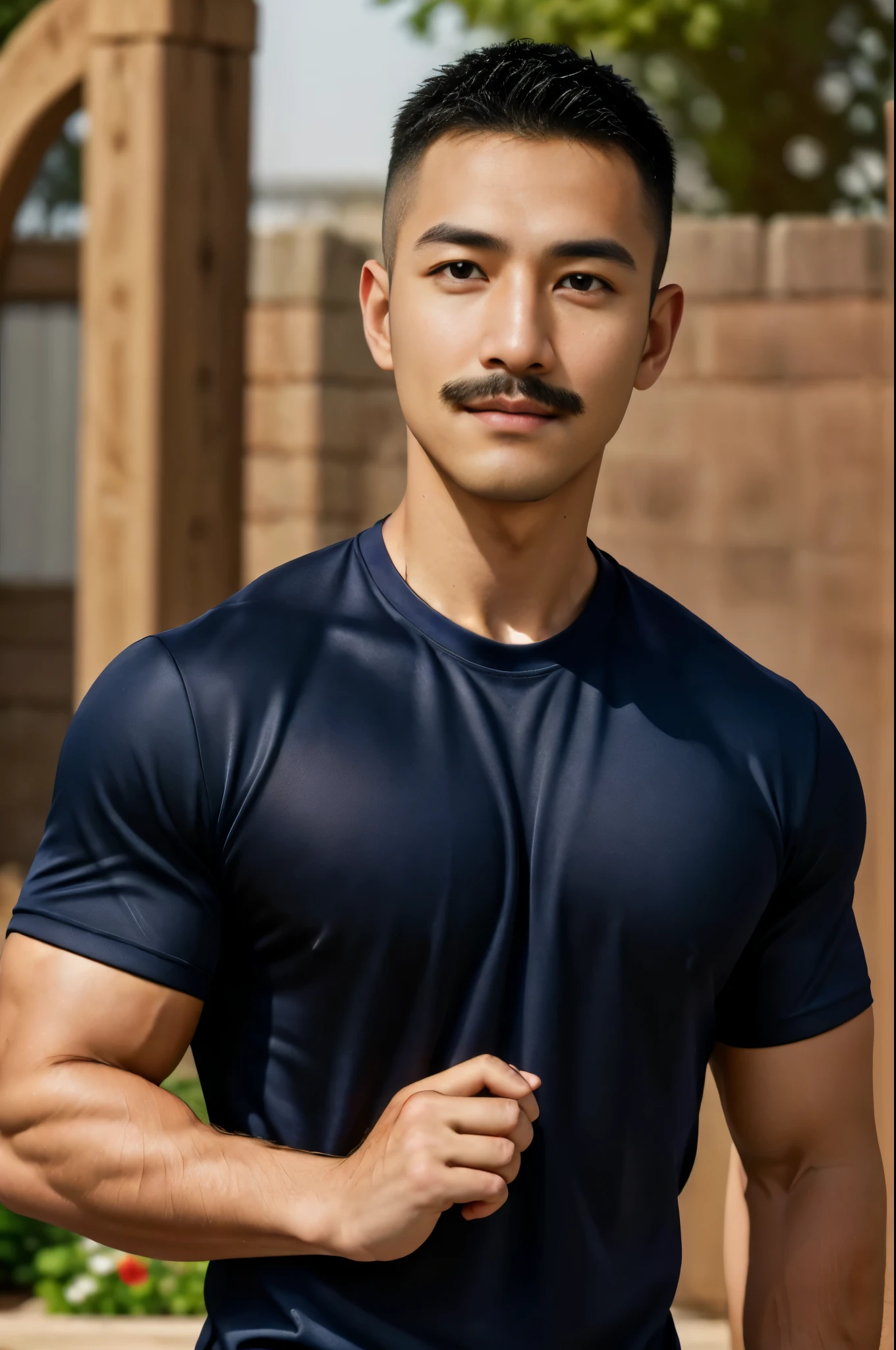 Masterpiece, best quality, high resolution, realistic, handsome, Take beautiful photos, Sayk, NRF, Photo of the 35 year old gym association (The man has a thin mustache.:1.2) Portrait, standing in the garden , make military media, weight, Amazing , Buzzcut short hair,stubble head , (Hyper Muscle),looking at the audience, Flirt with the camera, charming, (Tight black exercise shirt ),(GS-Male:1), 8K,Bokeh,Portrait,look at the viewer,