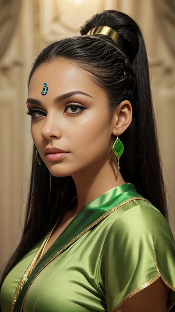 Diamond face shape, green eyes, eyes Egyptian, big lips, lips natural colored, beautiful, long hair, black hair, hair in a ponytail, green rhombus stone in the forehead, thin earrings