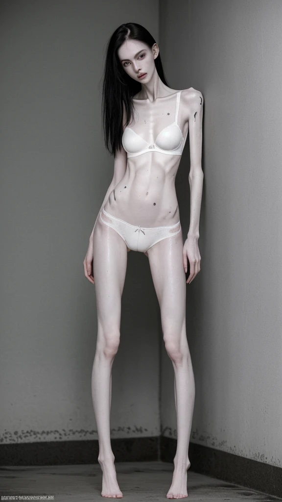 a woman, very thin body, body visible bones, very slender , sweaty weat body, pale white skin, panties, bra,tatto, standing in a prison setting, full body,